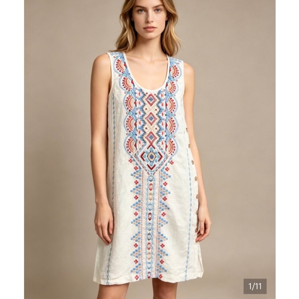 Johnny Was embroidered panel sleeveless boho geometric dress 100% linen medium